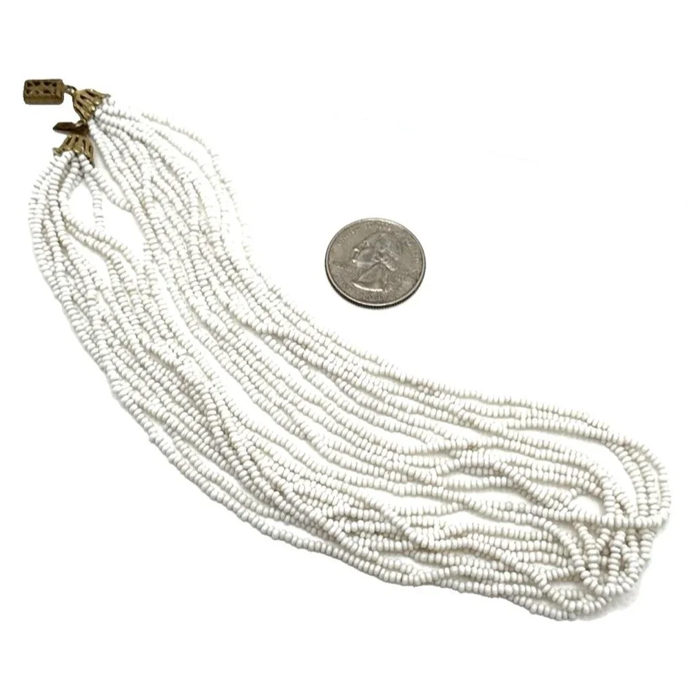 Vintage White Seed Bead Choker Necklace Multi Strand Statement Box Clasp 16